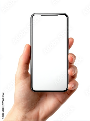 Hand Holding a Modern Smartphone with a Blank White Screen.