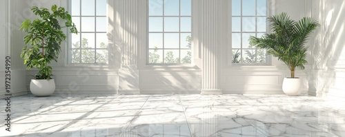 Bright and airy modern interior with large windows and potted plants casting shadows.