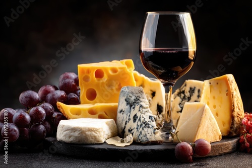 Gourmet Cheese Platter with Red Wine and Grapes.