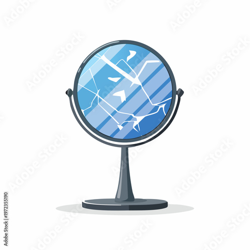 Cracked round mirror on a stand. mental health concept with self image with white background home decor