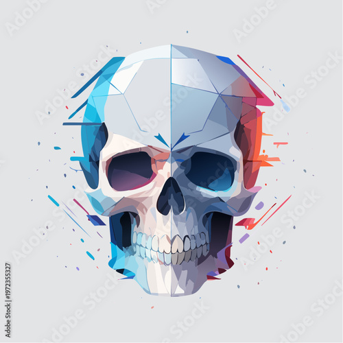 Geometric skull illustration with shattered fragments and contrasting colors.mental health concept