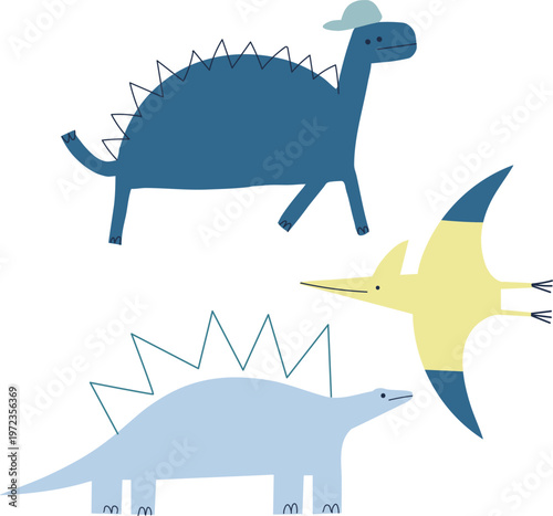 Nursery dinosaur character set with brachiosaurus, stegosaurus and pterodactyl in a playful doodle vector style.