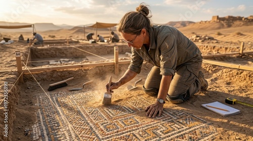 A forensic archaeologist brushing fine desert sand from a partially exposed mosaic floor, intricate geometric tessellation patterns emerging tile by tile from the earth