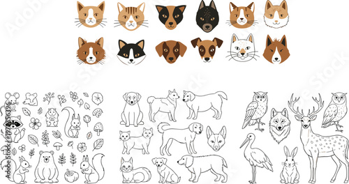 Pet and Wildlife Animals Illustration Set with Cat and Dog Faces, Forest Animals, Owl, Deer and Hand Drawn Nature Elements