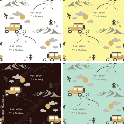 Nursery adventure seamless pattern with off-road car, mountains and sun in a doodle vector style.