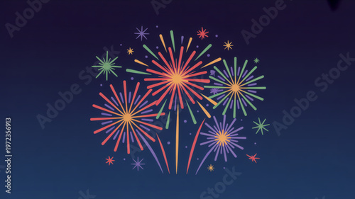 A vibrant vector illustration of colorful fireworks exploding in the night sky
