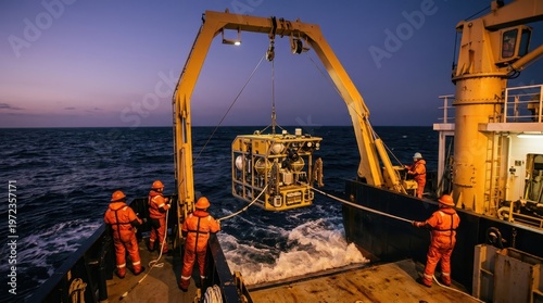 An oceanographic research vessel mid-deployment of a deep-sea lander, the large instrumented platform suspended from an A-frame crane over dark open ocean at dusk, deck