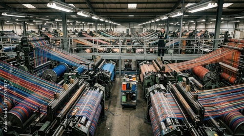 A textile mill weaving floor in full operation, hundreds of industrial looms running simultaneously filling the vast space with rhythmic mechanical motion, threads of