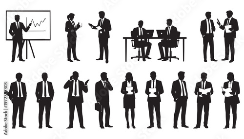 Business People Silhouettes Set Presentation Meeting Team Office Work
