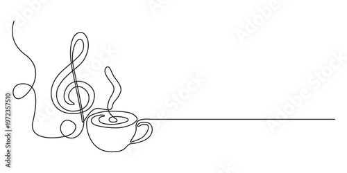 Neon cup of coffee with music notes. Coffee and Music concept. Line art. self drawing of continuous line draw Cup of coffee with musical notes.  Continuous line drawing Cup of coffee with musical note