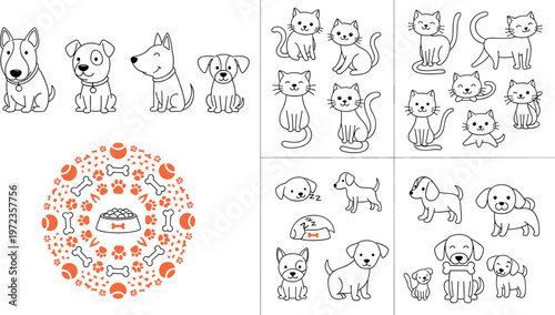 Cute Dogs and Cats Line Art Illustration Set with Pet Characters, Puppy Icons and Pet Care Symbols Vector Collection
