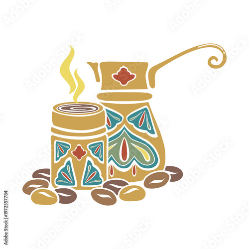 Turkish coffee cezve, traditional cup, roasted beans Arabica. Hand drawn vector illustration flat. For cookbooks designs magazines oriental coffee houses and dishware, postcards banners clip arts.