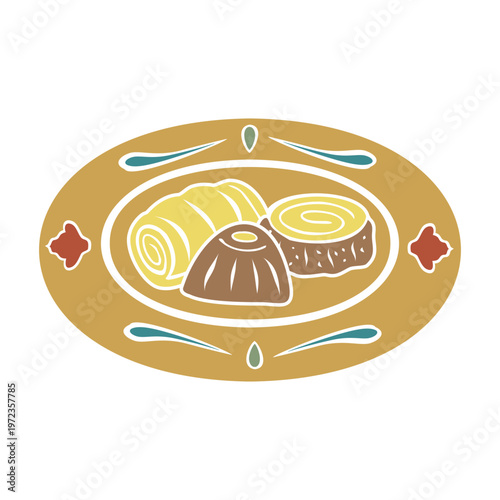 Turkish traditional dessert on decorated plate for coffee. Hand drawn vector illustration flat. For cookbooks designs magazines oriental coffee houses and dishware, postcards banners clip arts.