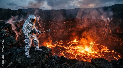 A volcanologist in a silver proximity suit standing at the edge of an active lava lake, molten rock churning and spattering metres below the rim, the suit's reflective