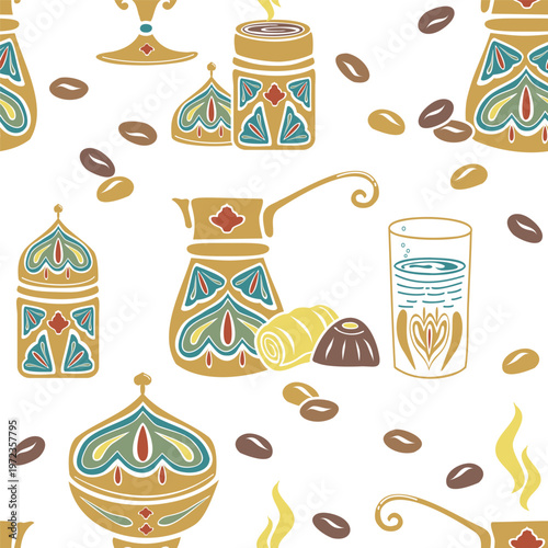 Turkish coffee cezve, dessert, glass water, roasted beans Arabica. Hand drawn vector seamless pattern. For cookbooks designs magazines oriental coffee houses and dishware, postcards banners clip arts.