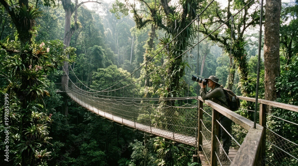 Obraz premium A jungle canopy walkway suspended forty meters above a primary rainforest floor, the rope and steel bridge curving gently through the mid-canopy level, giant emergent