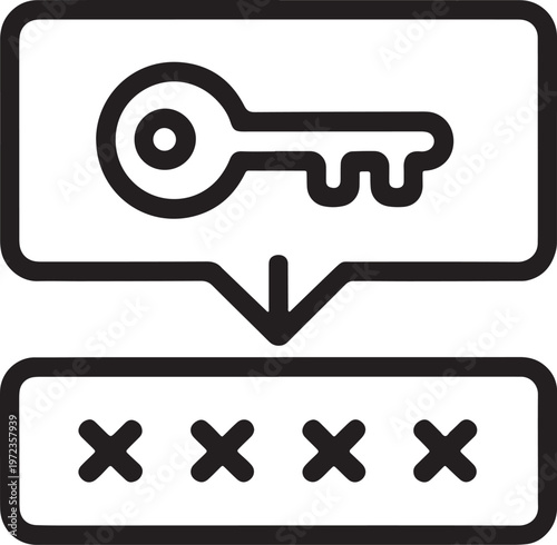 Silhouette of a key icon in a speech bubble unlocking a password box