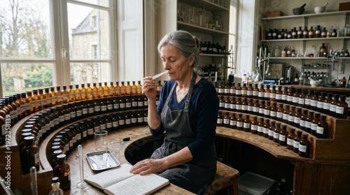 A master perfumer at a laboratory organ, hundreds of small brown glass bottles arranged in a curved multi-tiered rack before her, a blotter strip held to her nose with