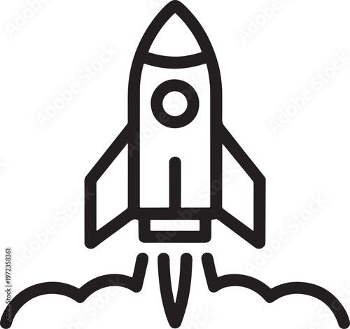 Rocket Ship Silhouette Icon Launching into Space with Flames and Smoke