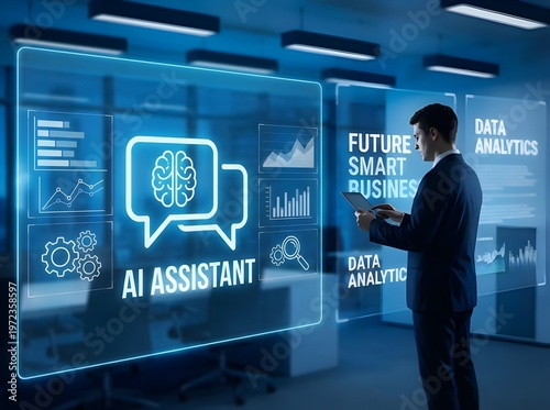 Businessman Interacting with AI Virtual Assistant for Smart Business Analytics - Holographic Robot Interface with Growth Charts and Gears - Workflow Automation and Digital Transformation Concept.
