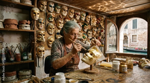 A traditional Venetian mask-making workshop shows a craftsperson applying gold leaf to a finished papier-mache form, a fine brush lifting a gossamer sheet of gold from