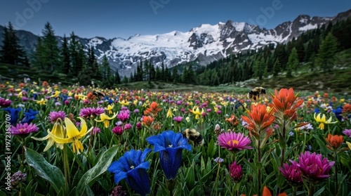An alpine meadow at peak wildflower season photographed at ground level from within the flowers, a dense tapestry of alpine aster gentian glacier lily and paintbrush at