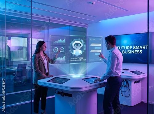 Business Professionals Collaborating with AI Analytics Hub - Smart Digital Communication Interface for Future Enterprise - Team Using Interactive Touch Screen Table for Corporate Strategy.