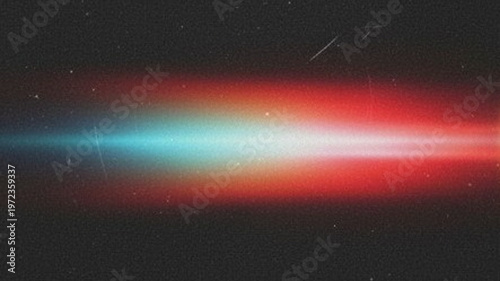 Abstract light leak overlay with a horizontal lens flare effect, featuring a vibrant gradient of blue and red colors against a dark, textured grainy background