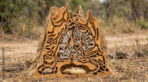 A vertical cross-section of a termite mound cut cleanly to reveal the interior architecture, the mound a metre and a half tall with its outer clay wall removed on one