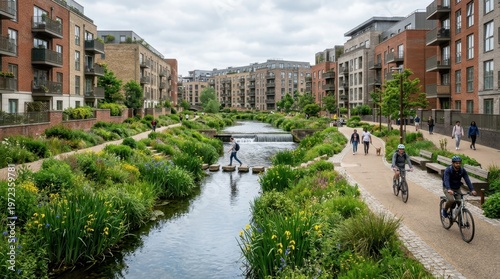 An urban drainage canal transformed into a linear park, a restored waterway with planted bioswale margins of native rushes iris and wildflowers channelling stormwater