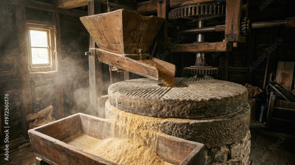 Fototapeta premium A traditional stone mill in active operation, the upper millstone rotating slowly over the lower bed stone with golden wheat grain feeding from a central hopper, flour