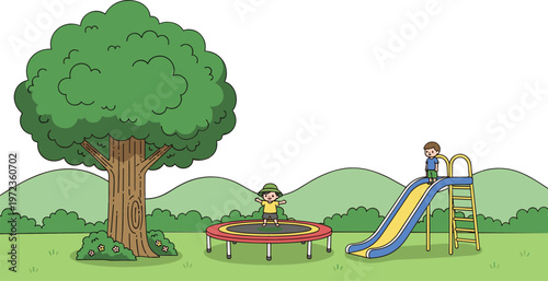 Kids playground scene with big tree, trampoline jumping child and slide play structure in park landscape cartoon vector illustration