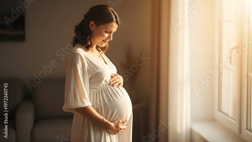Pregnant Woman Standing Near Window in Warm Light