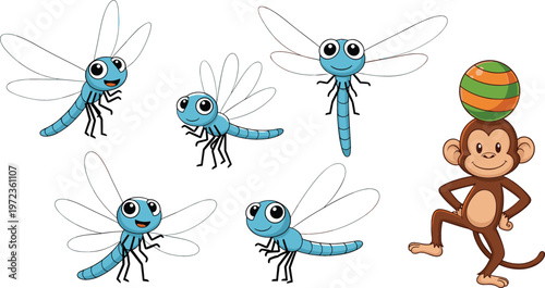 Cute cartoon dragonfly character set with flying poses and playful monkey balancing ball funny animal vector illustration collection