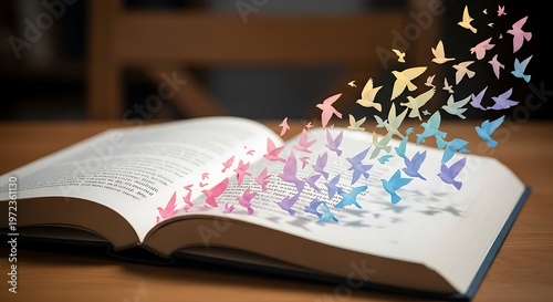 Open book releasing colorful birds