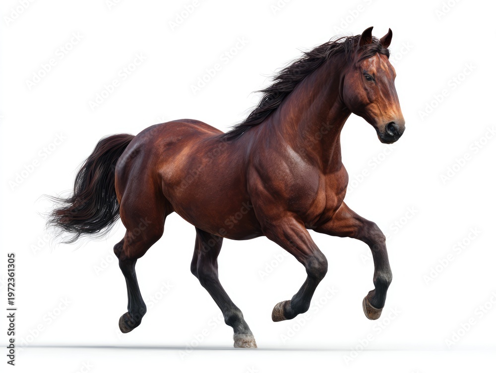 Obraz premium Majestic Brown Horse Galloping Gracefully on a White Background.