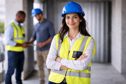 Female construction worker wearing helmet and safety vest industry job