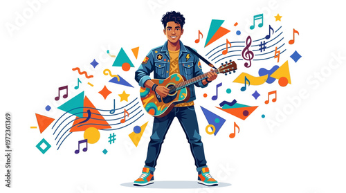 Man playing electric guitar enthusiastically alone.