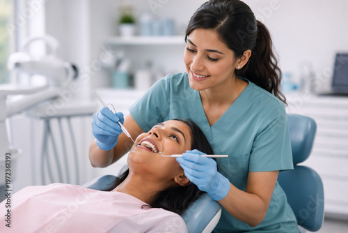 Dentist treating patient in clinic oral healthcare dental checkup