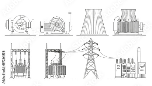 Detailed technical line drawings of industrial power generation and processing machinery
