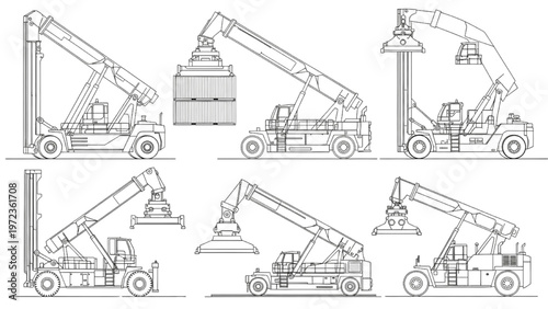 Set of line drawings of industrial container forklifts and cranes