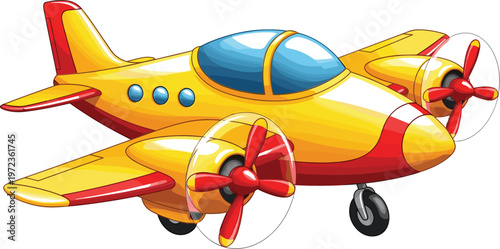Cartoon yellow propeller airplane with twin engines colorful aircraft illustration isolated vector design for kids transportation theme