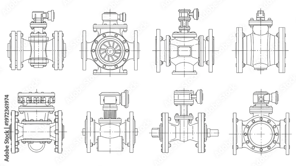 Obraz premium Industrial valve design schematics from multiple perspectives
