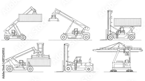 Various types of heavy machinery for container handling and logistics