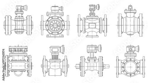 Industrial valve design schematics from multiple perspectives