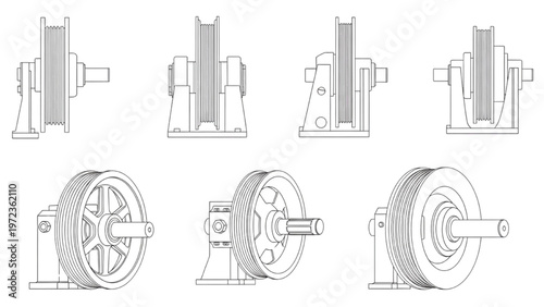 Technical illustration showcasing various views of a robust mechanical pulley assembly