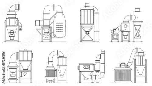 Collection of detailed line drawings for industrial processing and filtration machinery systems