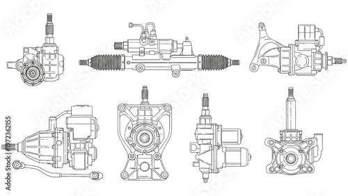 Mechanical engineering components, schematic diagrams of automotive steering systems