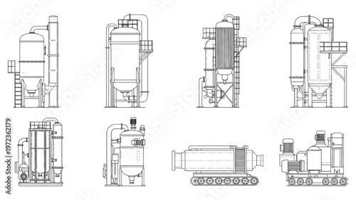 Set of detailed industrial machinery line art for manufacturing processes