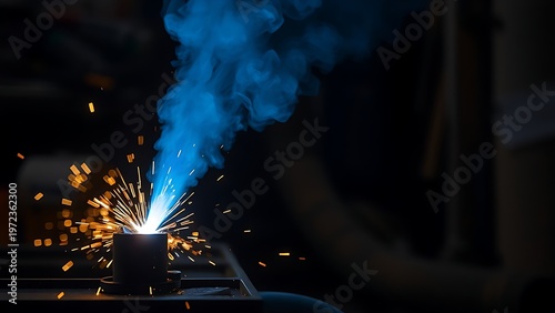 brazing. A brazing torch casting blue-white light and sparks on metal in a dim workshop. safety posters, maintenance manuals, designed for industrial assembly lines and welding operations.
